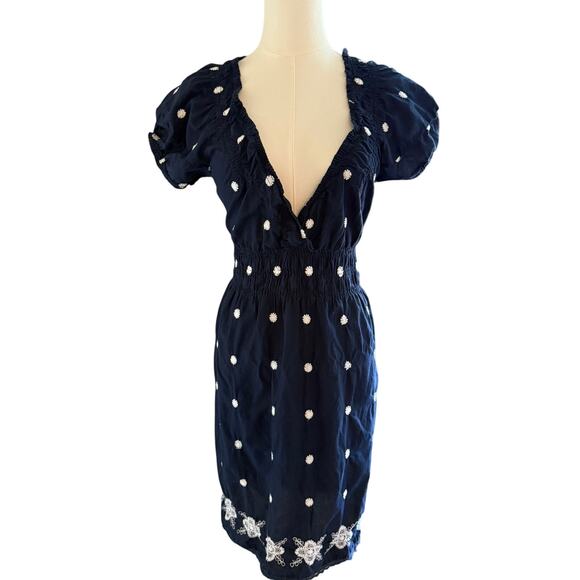 Cute Options Navy Blue Babydoll Milkmaid Embroidered Mini Dress Large V Neck - Picture 1 of 8